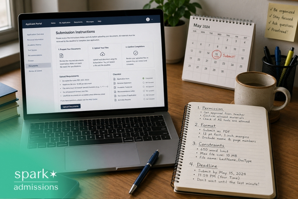 Laptop showing application submission instructions with checklist and deadline notes.