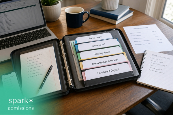 College application binder with labeled tabs, checklist, and deadlines on a desk.