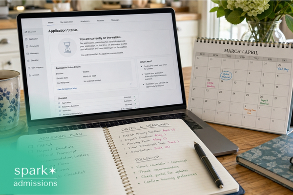 Laptop showing college waitlist status with admissions checklist and deadline calendar.