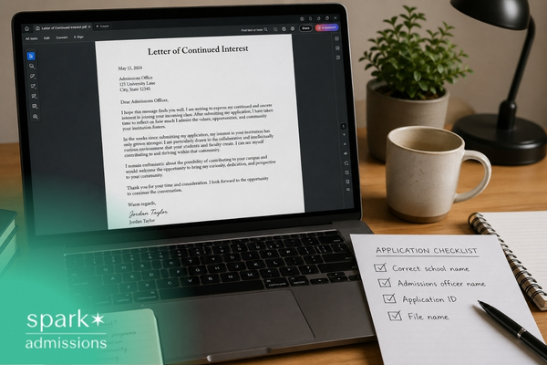 Laptop displaying a letter of continued interest with an application checklist.