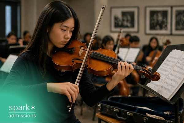 Student playing violin during orchestra rehearsal while reading sheet music.