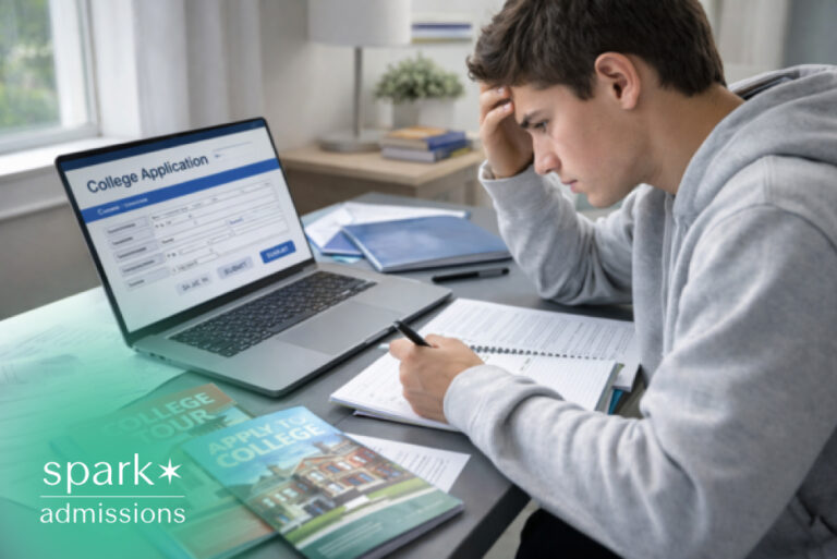 Student filling out an online college application while reviewing notes and guidebooks