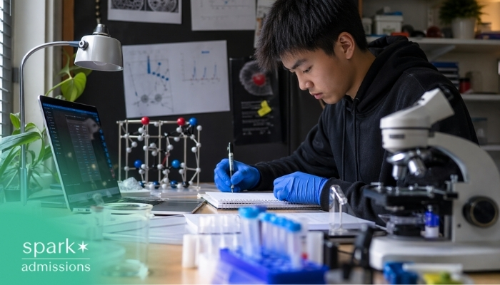 Student working at a desk with a microscope, lab materials, a laptop, and science notes.