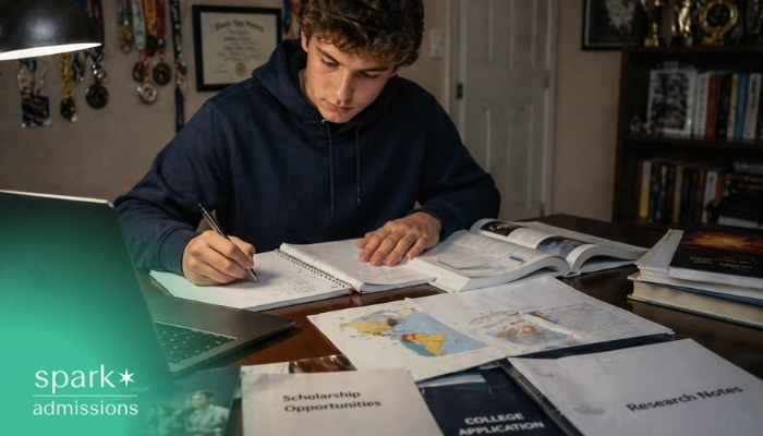Student studying at a desk with notebooks, a laptop, textbooks, and college application materials.