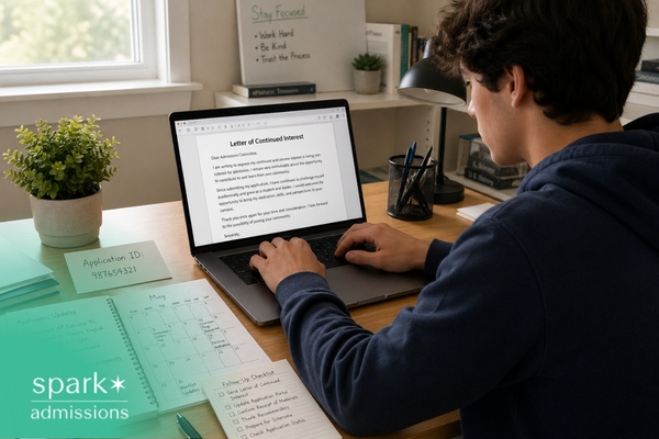 Student writing a letter of continued interest on a laptop at a desk.