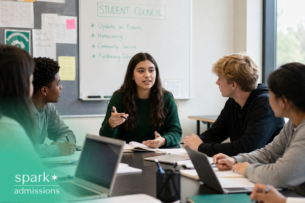 Students meeting for student council discussion in a classroom.