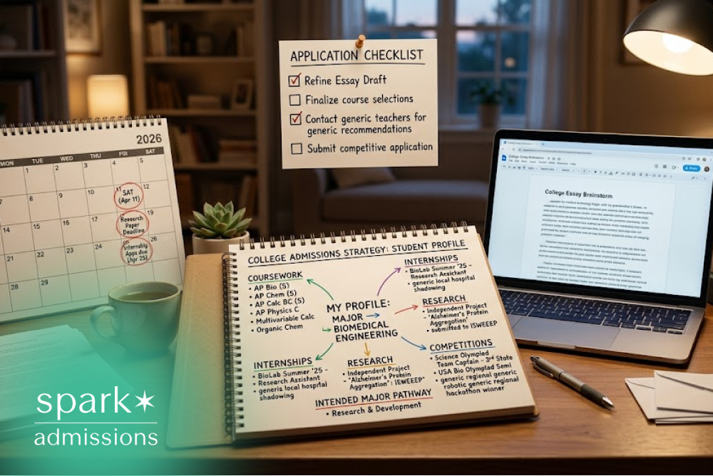 College admissions planning desk with checklist, calendar, and essay draft.