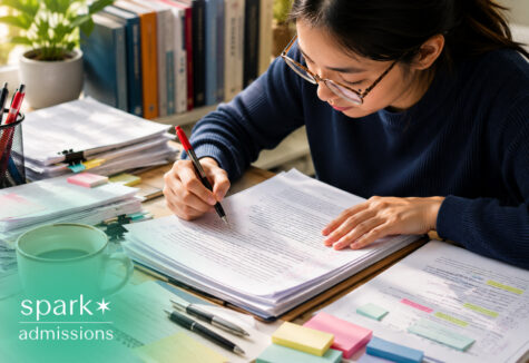 Student editing a college essay draft with notes, highlights, and revision comments