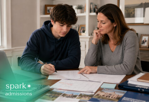 Parent helping teenager review homework and school papers at home