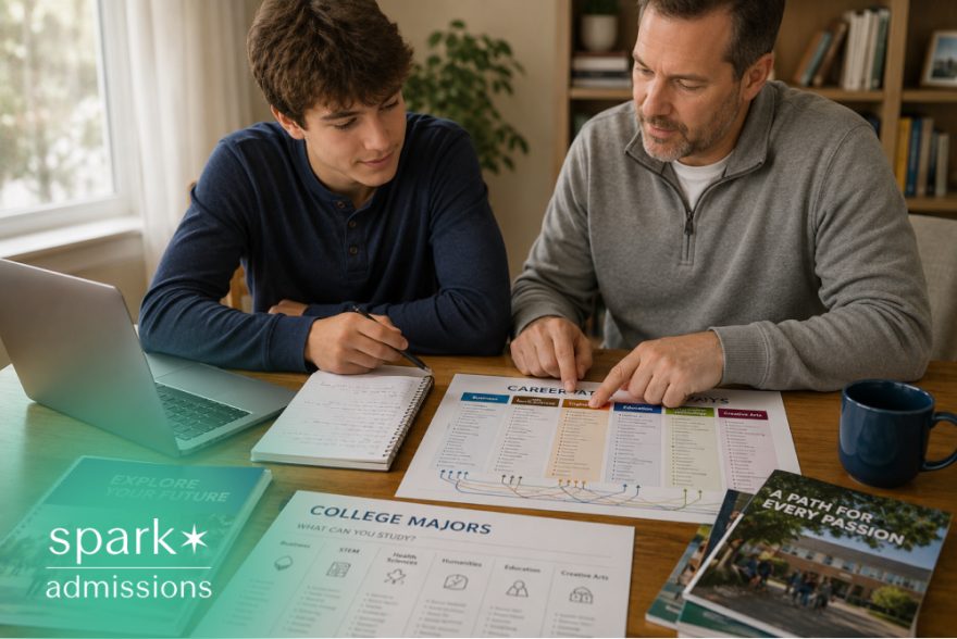 Parent and teen reviewing college majors and career pathways at home.