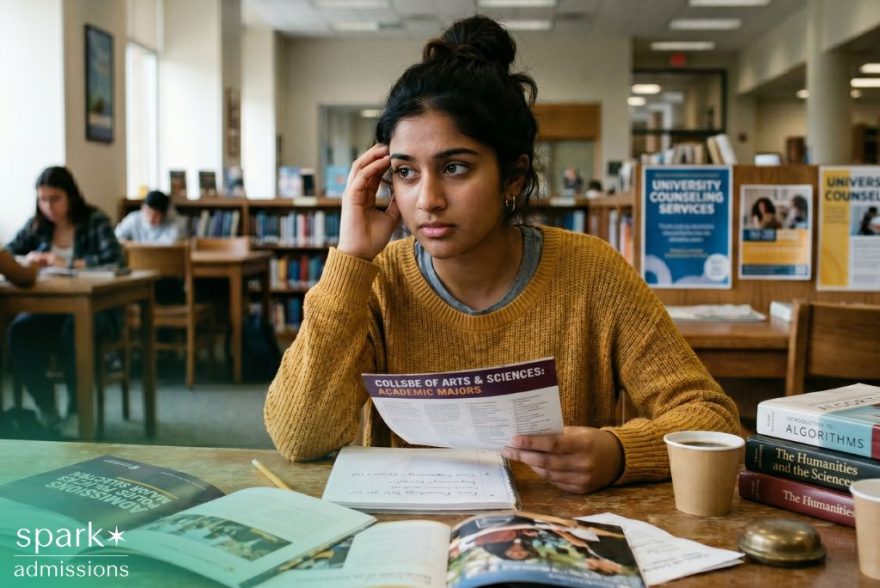 College student in a library looking stressed while reviewing academic majors brochure and course materials on a study table