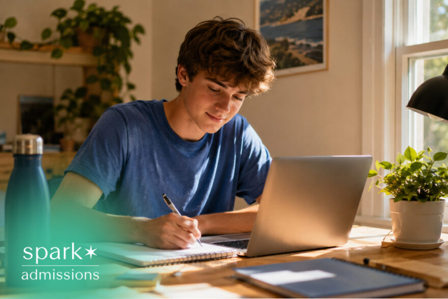 Student writing notes beside a laptop in a sunny home study space
