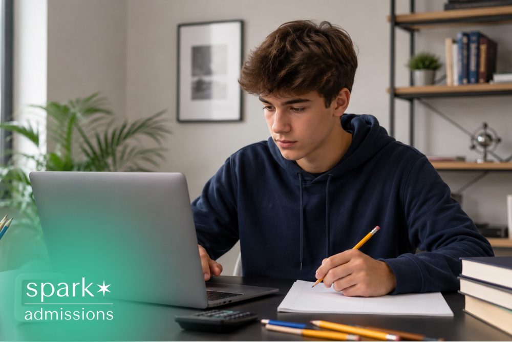 Student taking notes while studying with a laptop, books, calculator, and pencils at a desk