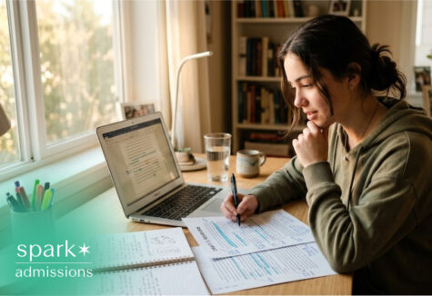 Student writing essay notes with laptop at home