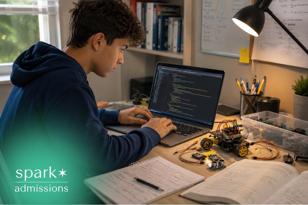 Teen coding at a desk with robotics parts and study notes.