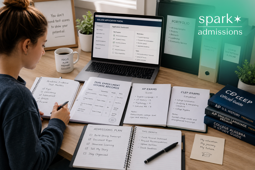 Student organizing academic records and portfolio materials for college applications