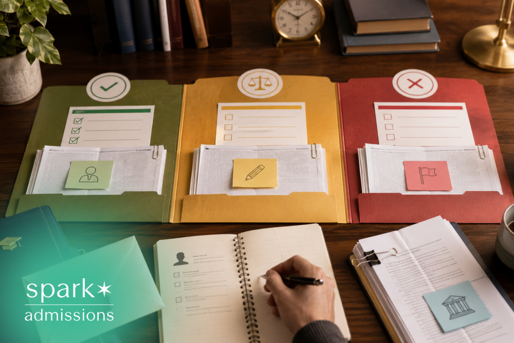 College application files sorted by accepted, pending, and rejected decisions