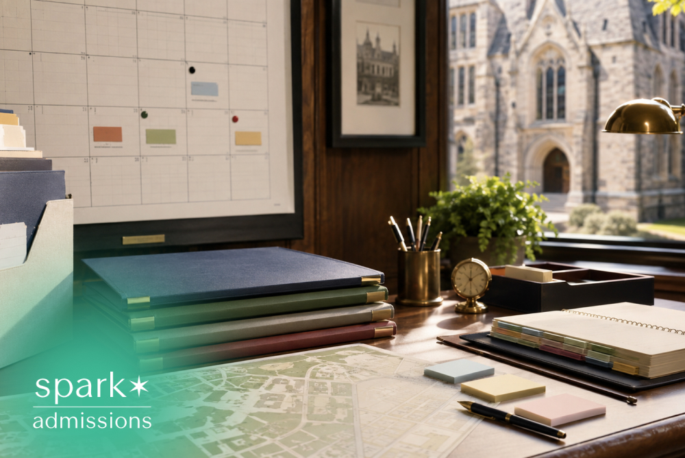 College planning desk with application folders, calendar, campus map, and notebook