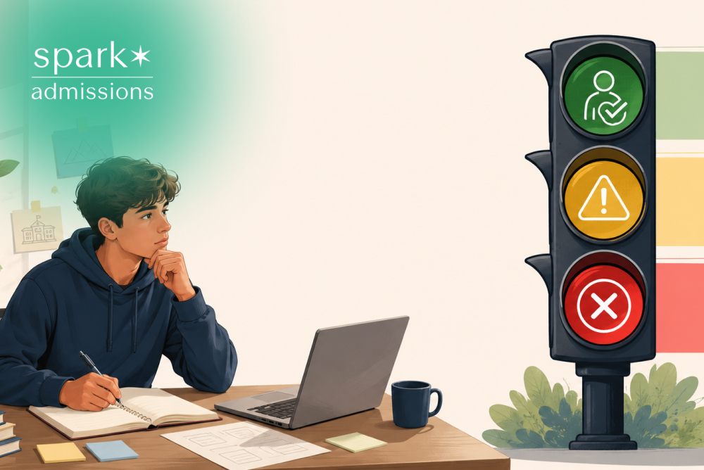 Student reviewing college application choices with traffic light decision guide