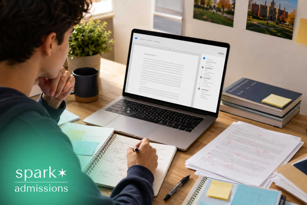 Student revising a college essay with notes and edited application drafts