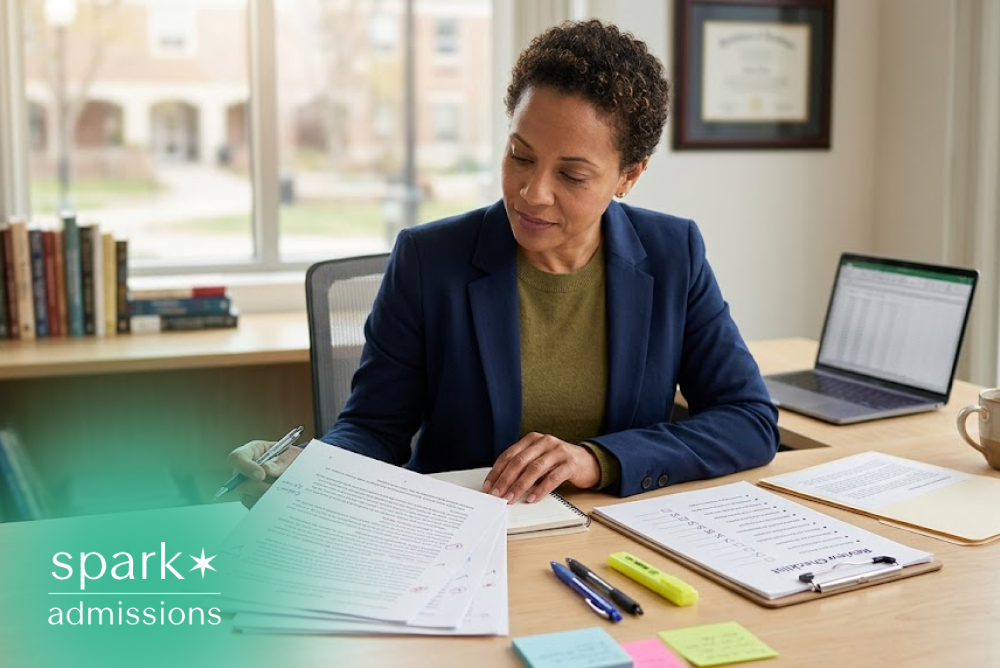 Admissions counselor reviewing a college essay with notes and application checklist
