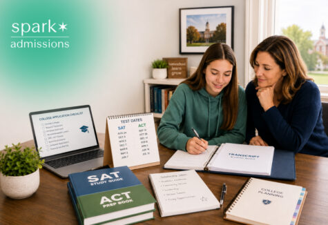 Student and parent reviewing college application checklist and test prep dates