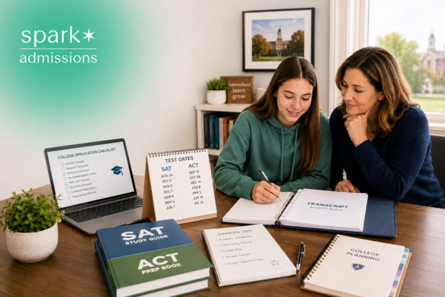 Student and parent reviewing college application checklist and test prep dates