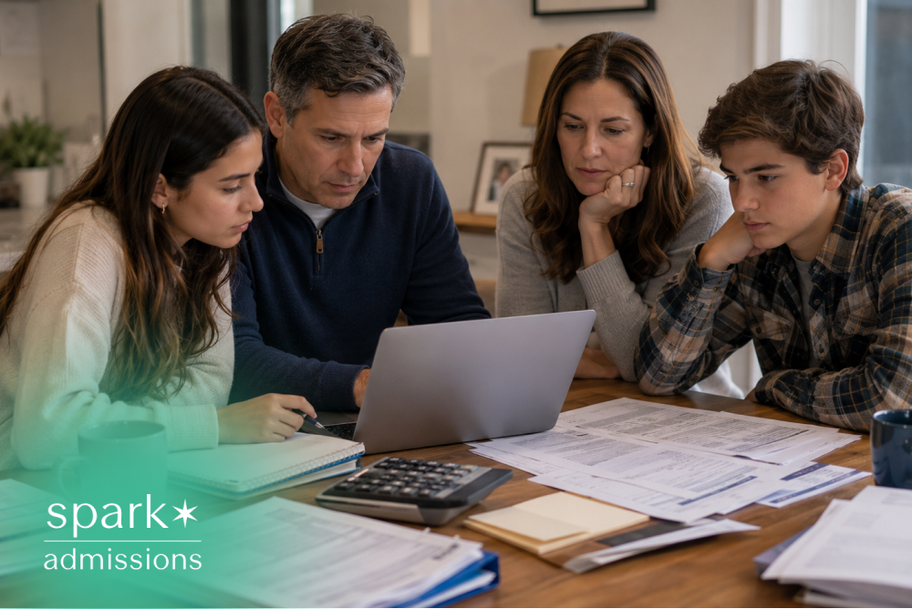 Family reviewing college costs together at kitchen table