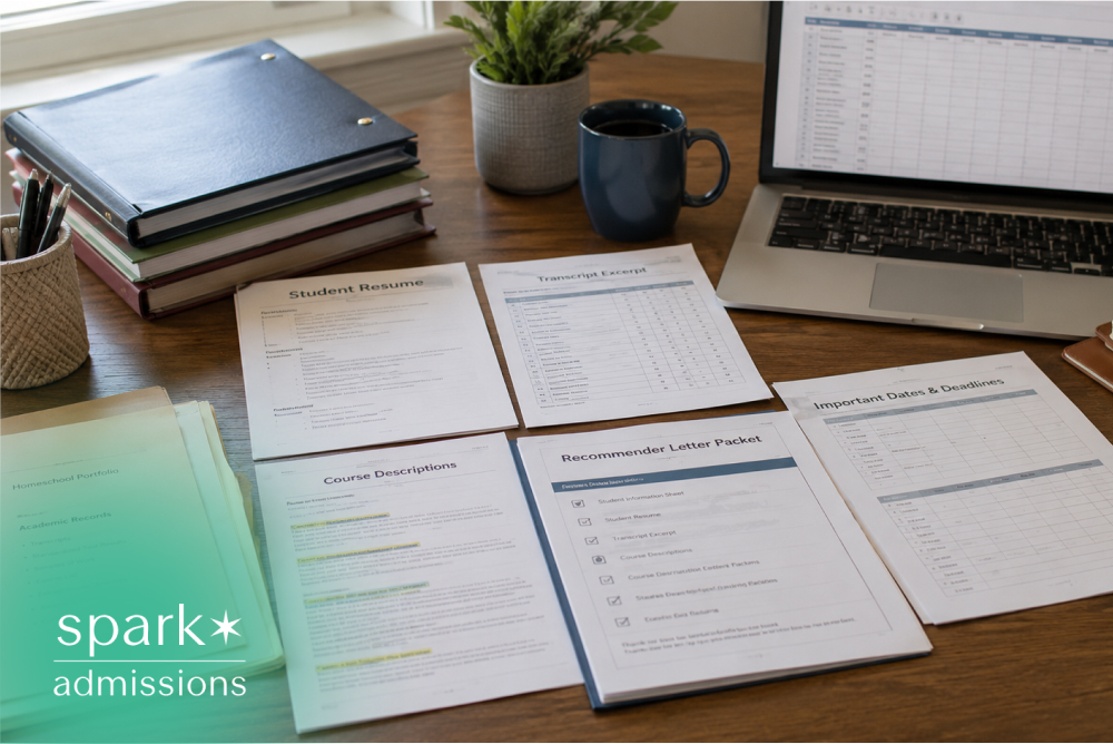 Organized homeschool college application documents on a desk, including a student resume, transcript, course descriptions, recommendation packet, and admissions deadline tracker beside a laptop.