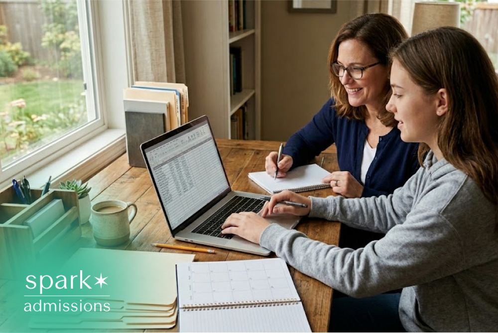 Parent and teenage student reviewing a college planning spreadsheet together on a laptop while taking notes at a home workspace.