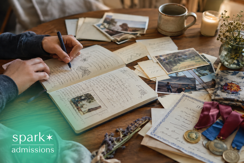 Person writing in a journal surrounded by photos, letters, and keepsakes