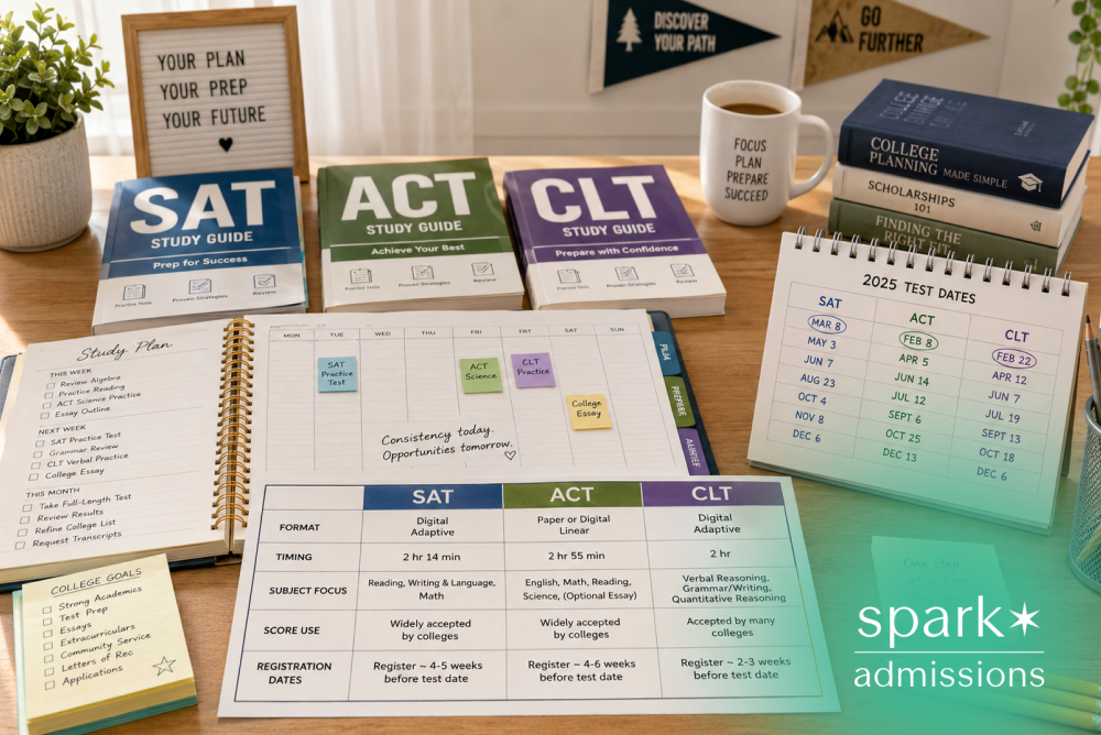 Test prep planner with SAT ACT and CLT study guides and college planning notes