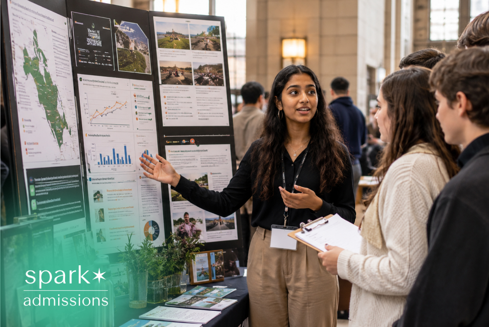 Student presenting a research project to peers at an academic event