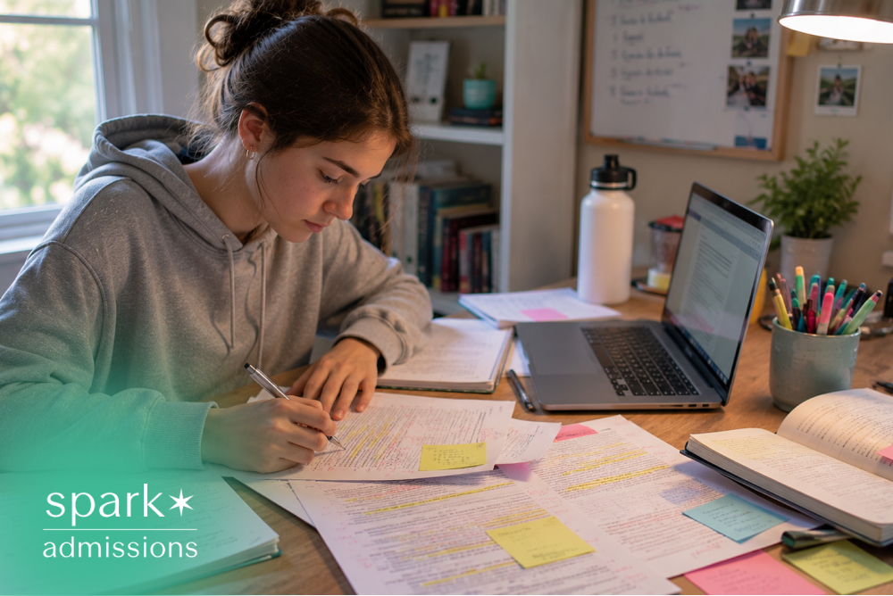 Student reviewing highlighted study notes with laptop at desk