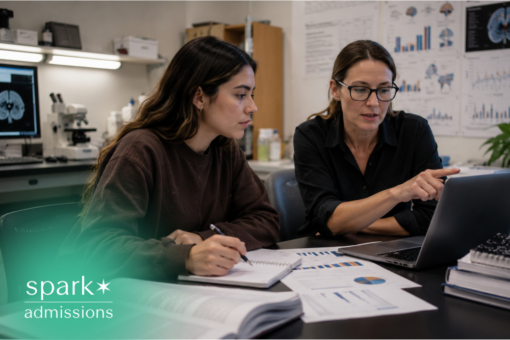 Student reviewing research data with mentor in lab
