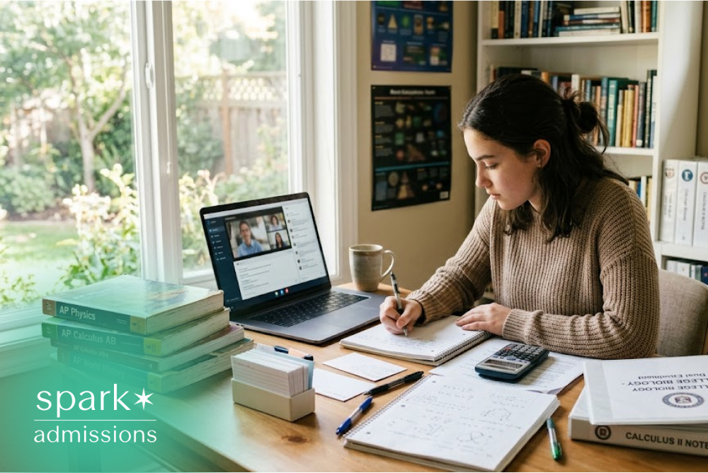 Student taking notes during online class at home
