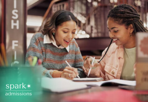 Two students working together on school assignments in a library setting