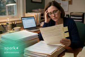 College admissions reader reviewing a large stack of application essays with handwritten notes in an office.