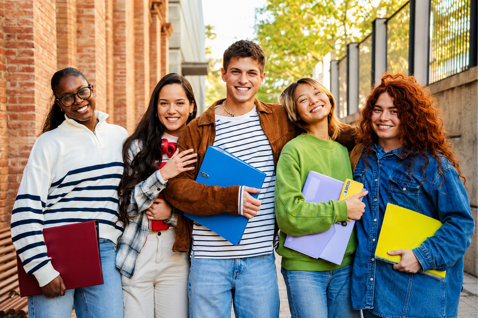 Diverse group of college students holding folders and smiling together on campus.