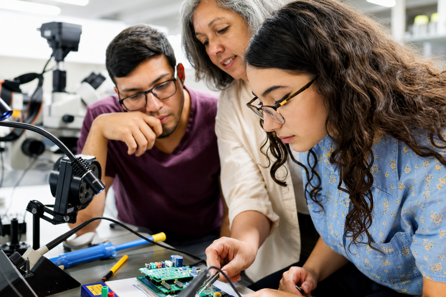 Engineering students working with an instructor on an electronics project in a laboratory.