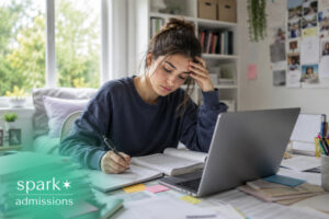 Overwhelmed student working on college applications and essay drafts at her desk.