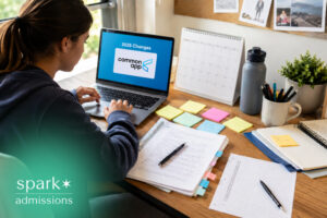 Student reviewing Common App changes, essay drafts, and college application deadlines.