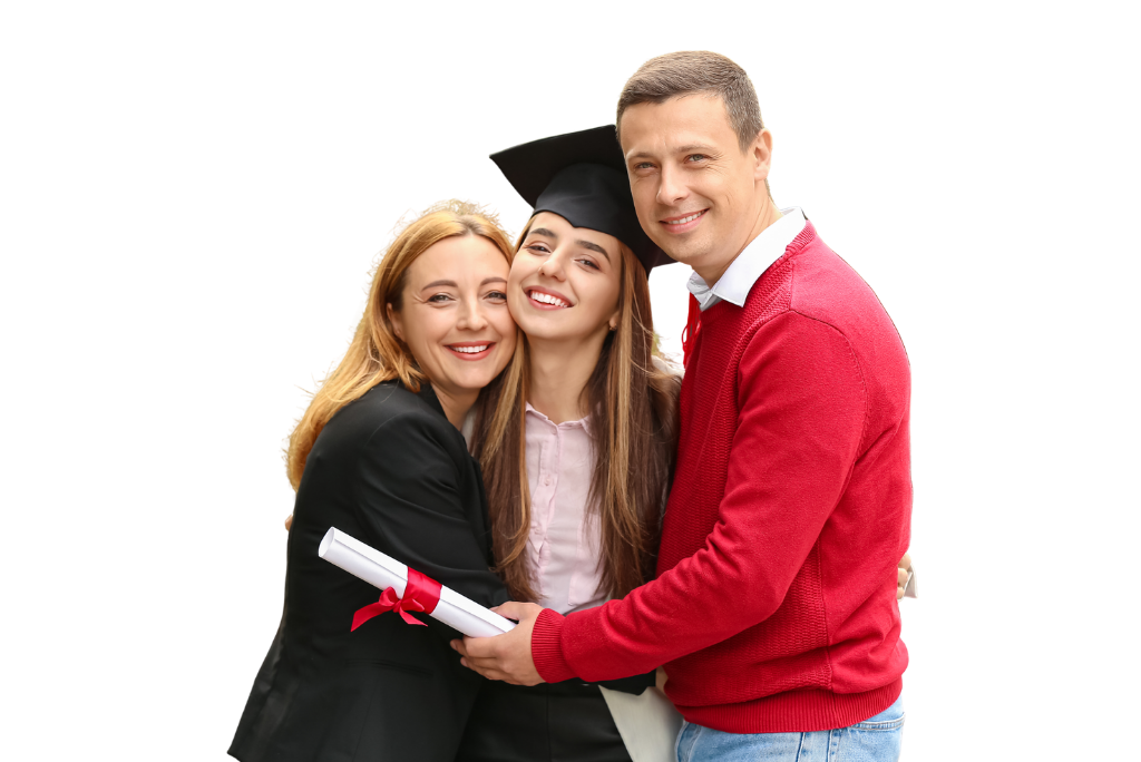 College graduate celebrating with her parents, representing successful college admissions planning.