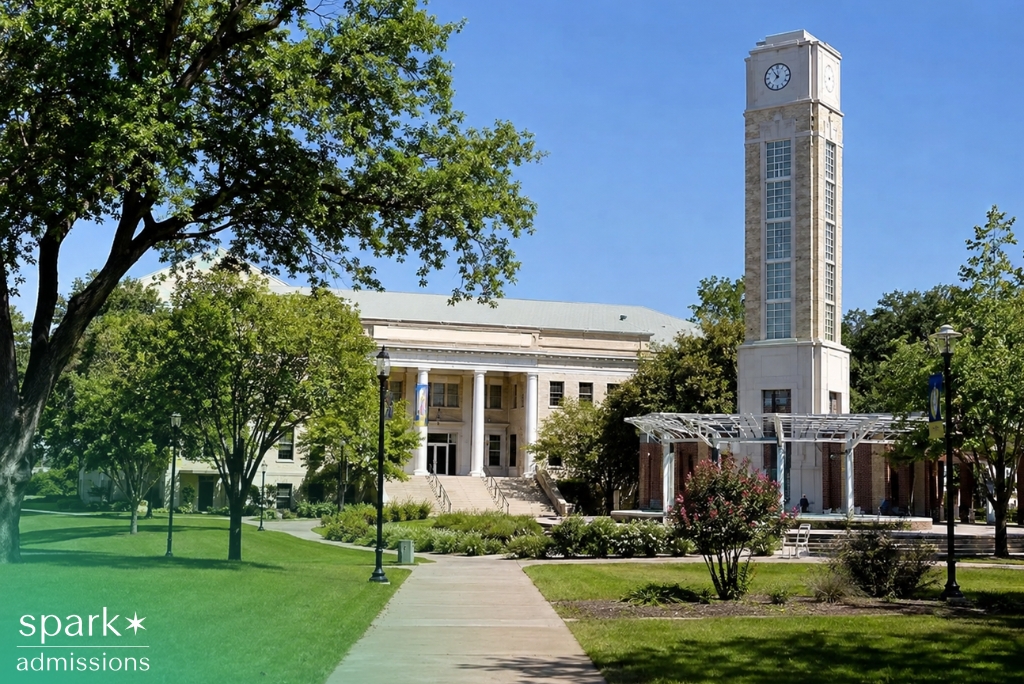 Texas Wesleyan University campus with a clock tower and academic buildings under a clear blue sky.