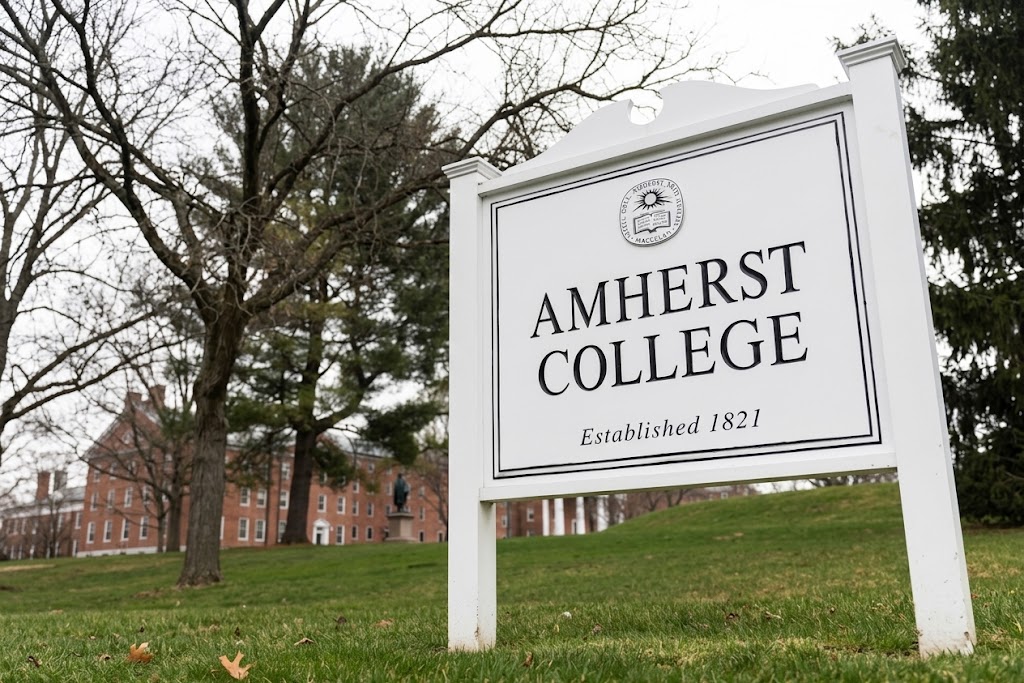 Amherst College campus sign with academic buildings and trees in the background.