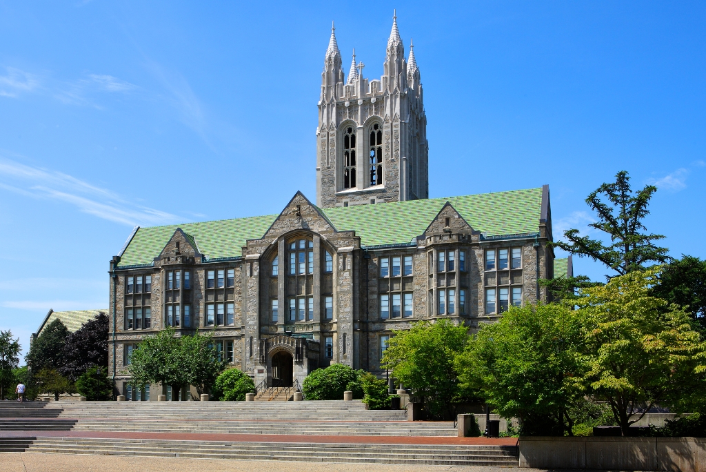 Boston College’s historic Gasson Hall and Gothic tower on a sunny campus day.
