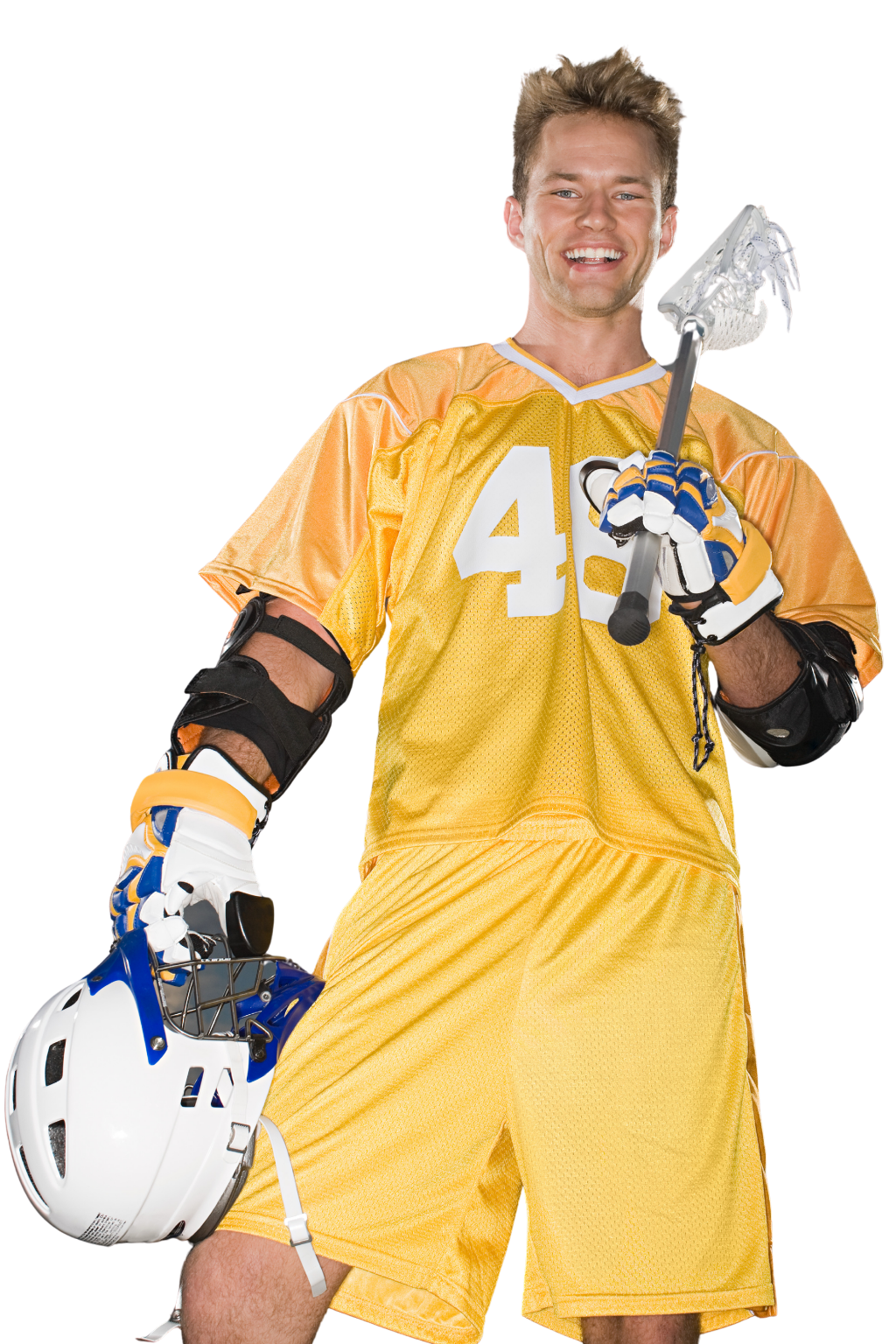 College lacrosse athlete in uniform holding a stick and helmet for recruiting.