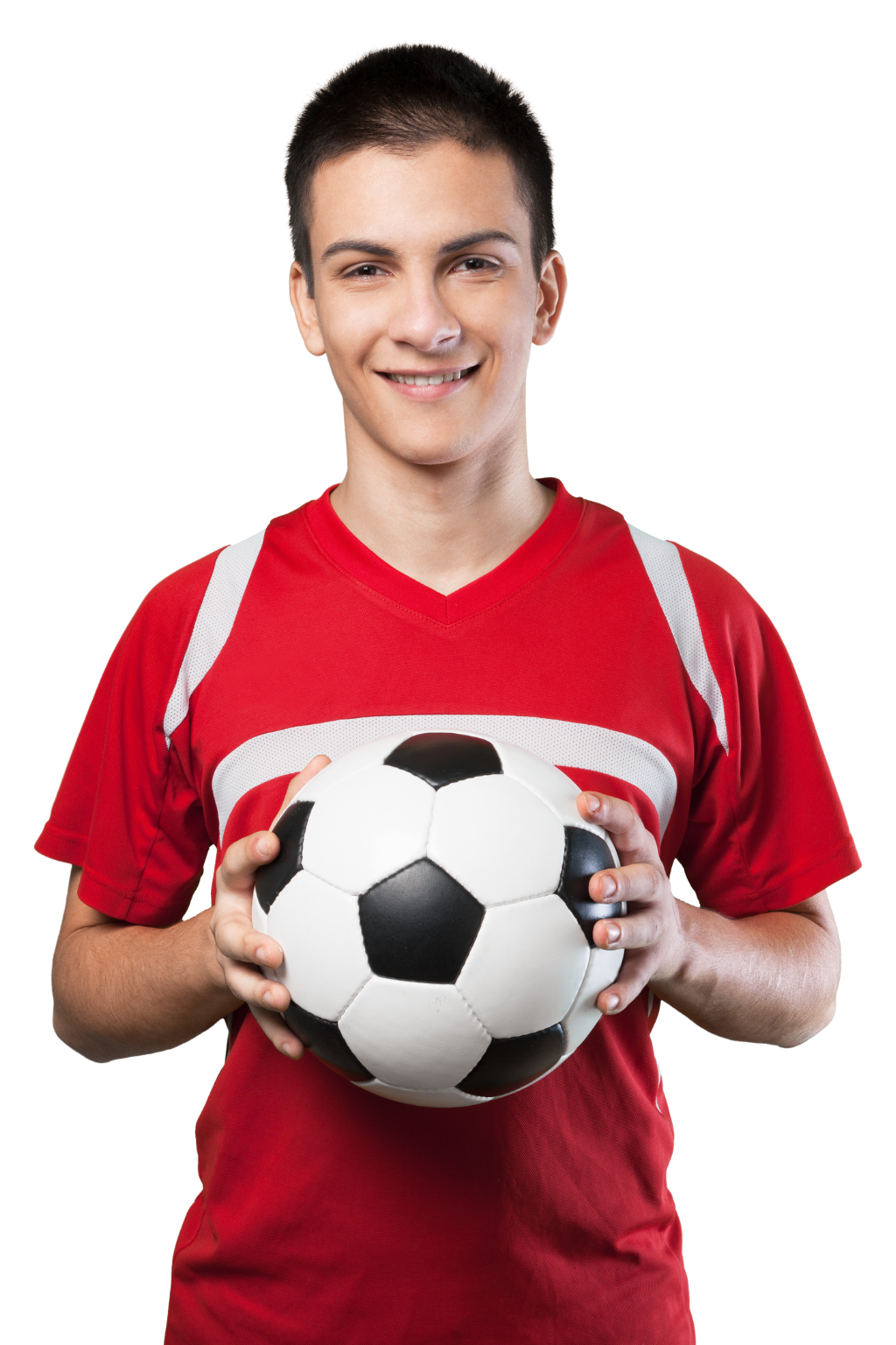 Male soccer player holding a ball, representing college soccer recruiting and student-athlete opportunities.