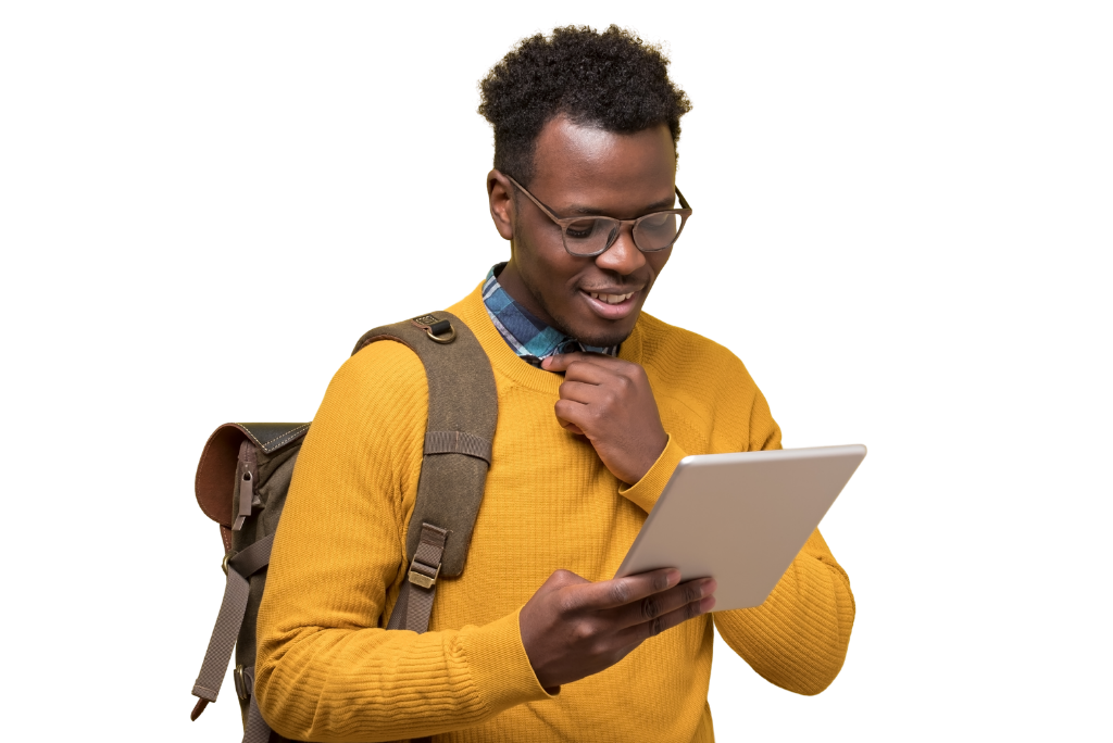 College transfer applicant using a tablet while planning a transfer admission application strategy.